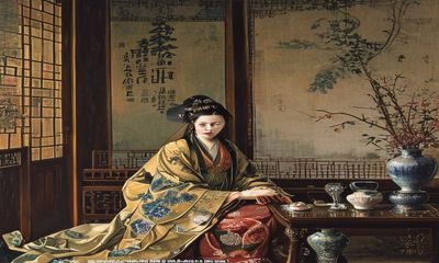 古典工笔画风格，明代贵妇端坐于内室，神情沉静而忧郁，代表新金瓶梅中李瓶儿的悲剧性格与情感世界